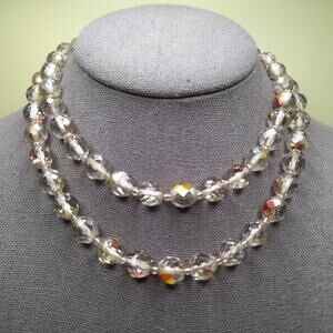 Vintage AB Glass Bead Necklace 30" Double Strand Czech Style 10mm